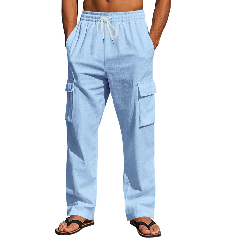 Férfi Határokon Átnyúló, Amerikai Stílusú, Pamut és Len Több Zsebes Cargo Nadrág, Nagy Méretű, Laza, Hosszú, Egyenes Nadrág