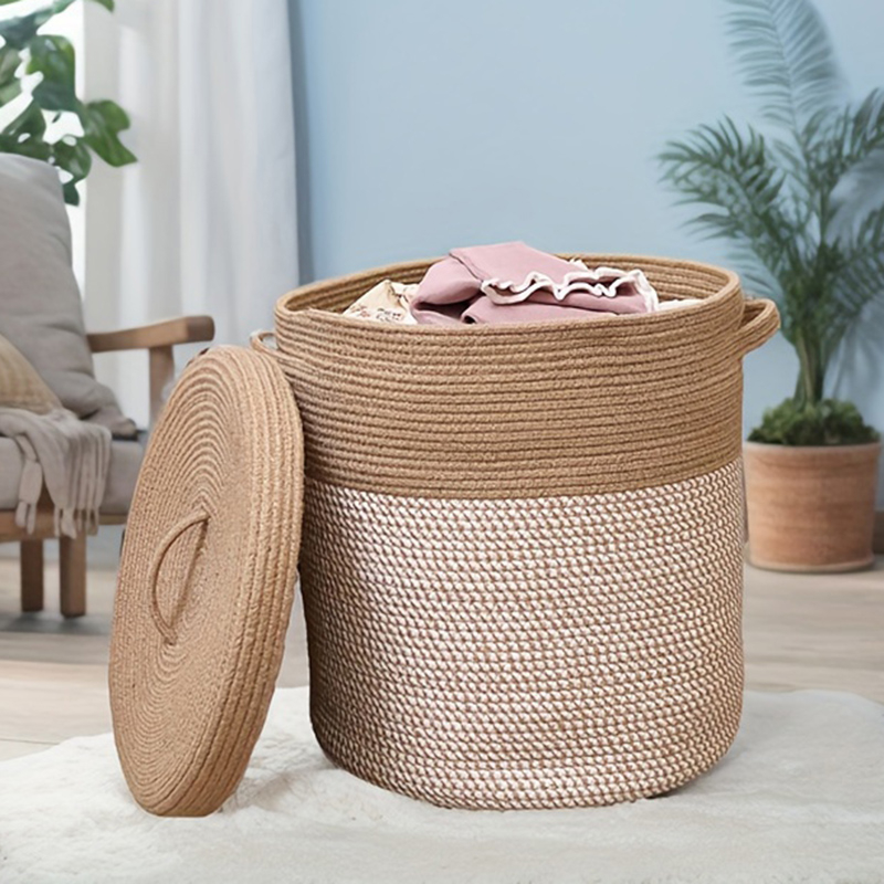 Euroopa stiilis puuvillast köiest määrdunud riiete korv kaanega, eriti suur majapidamises kasutatav määrdunud riiete korv, beebimänguasjade hoiukorv, kootud hoiukorv