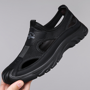 Σανδάλια για άνδρες Καλοκαίρι 2025 Γνήσια δερμάτινα παπούτσια παραλίας με κοψίματα, αναπνεύσιμα υφάσματα με μύγα, υφασμένα πλέγματα για άνδρες Baotou παπούτσια με μαλακή τρύπα στο κάτω μέρος για άνδρες