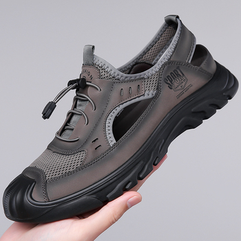 Σανδάλια για άνδρες Καλοκαίρι 2025 Γνήσια δερμάτινα παπούτσια παραλίας με κοψίματα, αναπνεύσιμα υφάσματα με μύγα, υφασμένα πλέγματα για άνδρες Baotou παπούτσια με μαλακή τρύπα στο κάτω μέρος για άνδρες