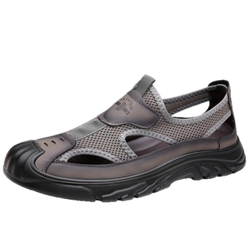 Σανδάλια για άνδρες Καλοκαίρι 2025 Γνήσια δερμάτινα παπούτσια παραλίας με κοψίματα, αναπνεύσιμα υφάσματα με μύγα, υφασμένα πλέγματα για άνδρες Baotou παπούτσια με μαλακή τρύπα στο κάτω μέρος για άνδρες