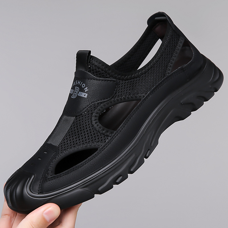 Sandale pentru bărbați 2025 Vara din piele naturală decupată respirabilă Fly țesute plasă plajă pantofi pentru bărbați Baotou moale fundul gaură pantofi pentru bărbați