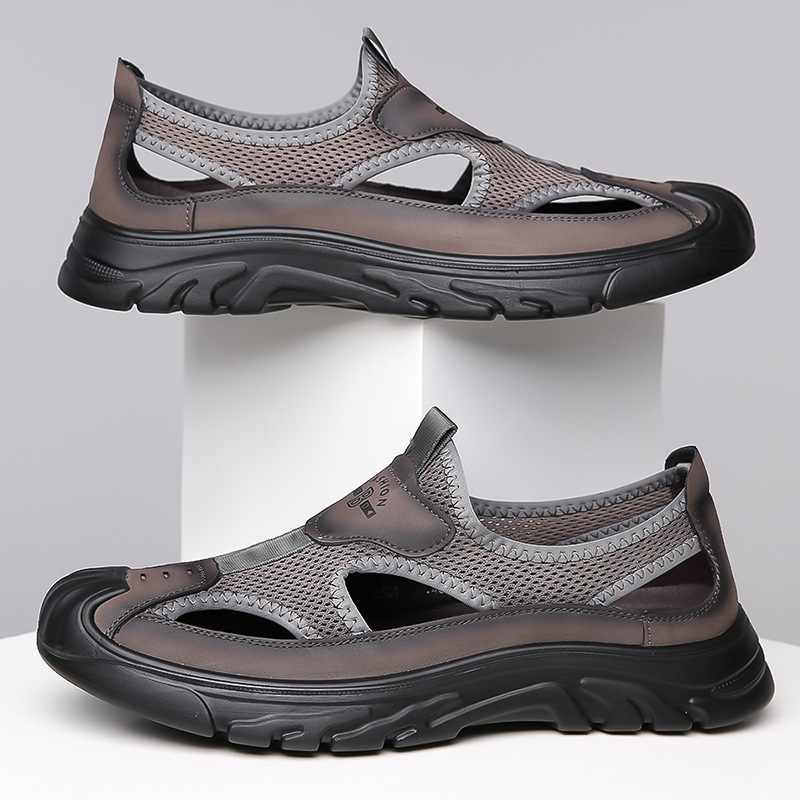 Sandale pentru bărbați 2025 Vara din piele naturală decupată respirabilă Fly țesute plasă plajă pantofi pentru bărbați Baotou moale fundul gaură pantofi pentru bărbați