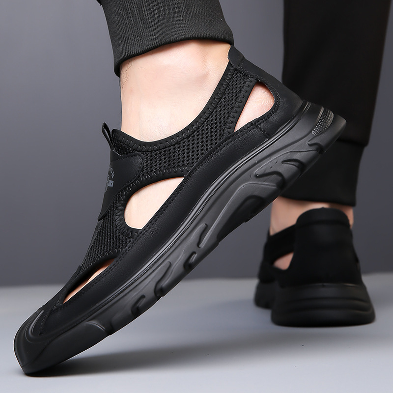 Sandale pentru bărbați 2025 Vara din piele naturală decupată respirabilă Fly țesute plasă plajă pantofi pentru bărbați Baotou moale fundul gaură pantofi pentru bărbați