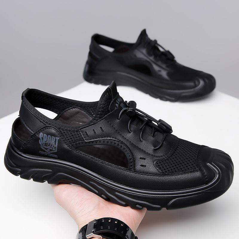 Sandale pentru bărbați 2025 Vara din piele naturală decupată respirabilă Fly țesute plasă plajă pantofi pentru bărbați Baotou moale fundul gaură pantofi pentru bărbați