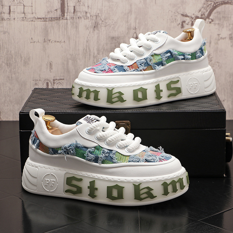 Pantofi sport pentru bărbați, pantofi sport cu talpă groasă, pantofi sport casual cu talpă joasă, din denim, bumbac, talpă groasă, pantofi sport la modă pentru bărbați, pantofi sport cu talpă groasă