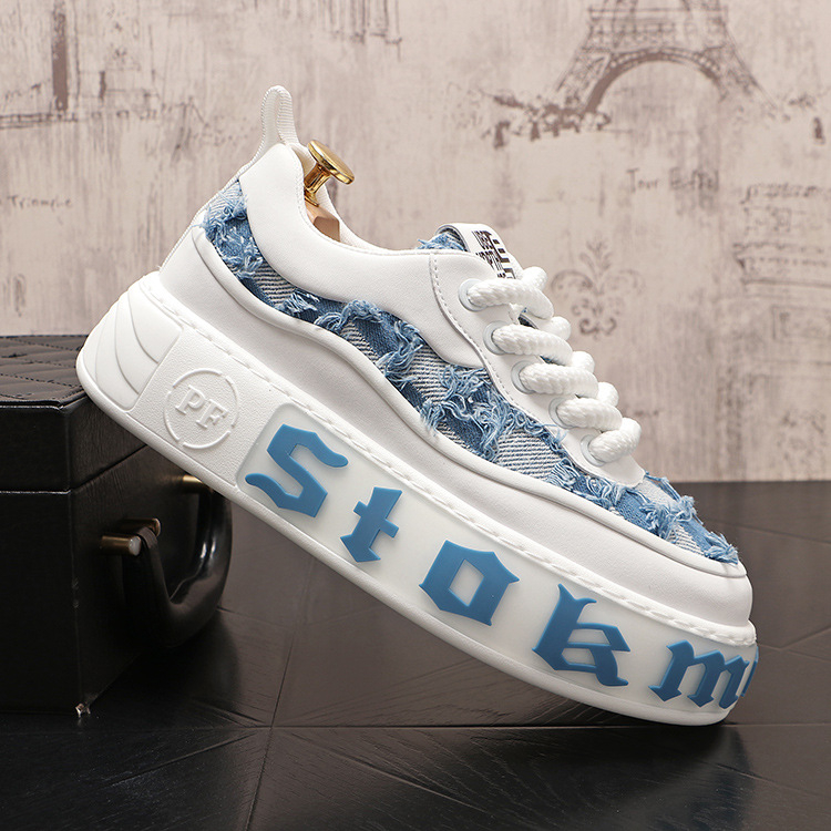 Pantofi sport pentru bărbați, pantofi sport cu talpă groasă, pantofi sport casual cu talpă joasă, din denim, bumbac, talpă groasă, pantofi sport la modă pentru bărbați, pantofi sport cu talpă groasă