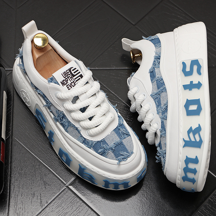 Pantofi sport pentru bărbați, pantofi sport cu talpă groasă, pantofi sport casual cu talpă joasă, din denim, bumbac, talpă groasă, pantofi sport la modă pentru bărbați, pantofi sport cu talpă groasă