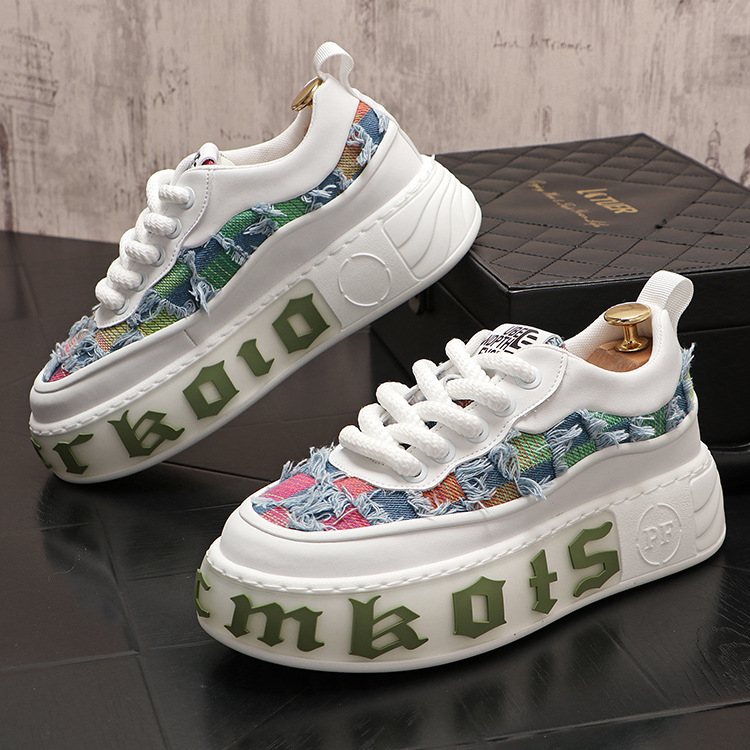 Pantofi sport pentru bărbați, pantofi sport cu talpă groasă, pantofi sport casual cu talpă joasă, din denim, bumbac, talpă groasă, pantofi sport la modă pentru bărbați, pantofi sport cu talpă groasă