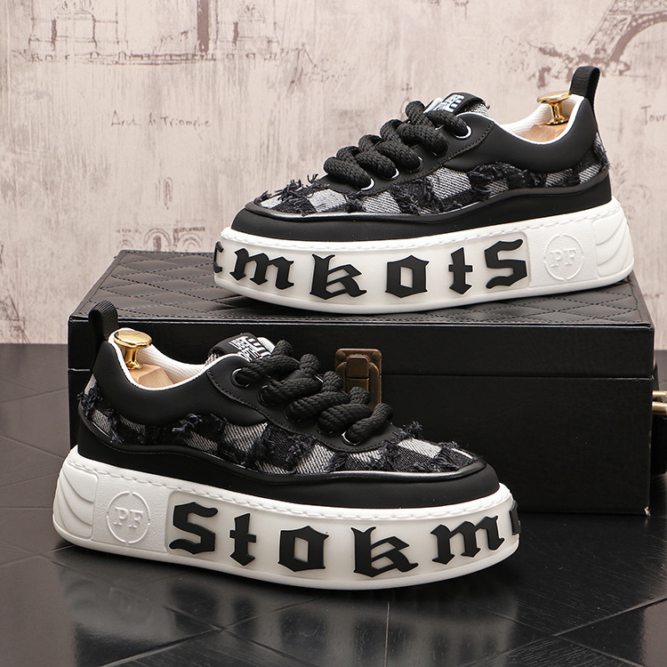 Pantofi sport pentru bărbați, pantofi sport cu talpă groasă, pantofi sport casual cu talpă joasă, din denim, bumbac, talpă groasă, pantofi sport la modă pentru bărbați, pantofi sport cu talpă groasă