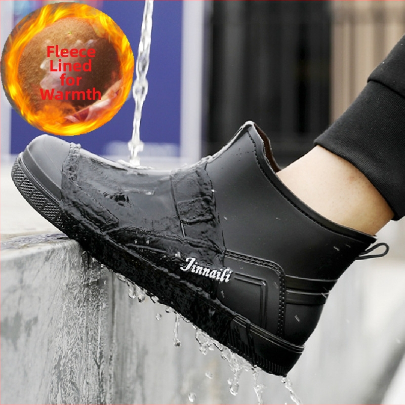 Sügis- ja talvised fliisvoodriga soojad madala säärega kummikud meeste lühikesed kummikud köögitöö veekindlad kingad meeste kummist kingad mood noortele