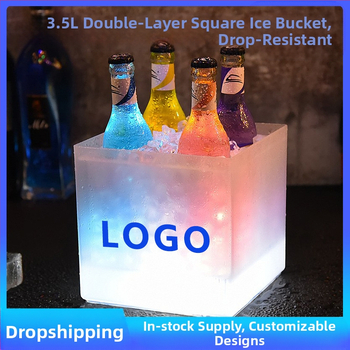 Kvadratinis dvisluoksnis matinis PP plastikinis šviečiantis ledo kibirėlis, mažas, 3,5 l talpos, baterinis, alaus, šampano ledo kibirėlis