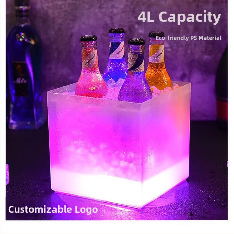Kvadratinis dvisluoksnis matinis PP plastikinis šviečiantis ledo kibirėlis, mažas, 3,5 l talpos, baterinis, alaus, šampano ledo kibirėlis