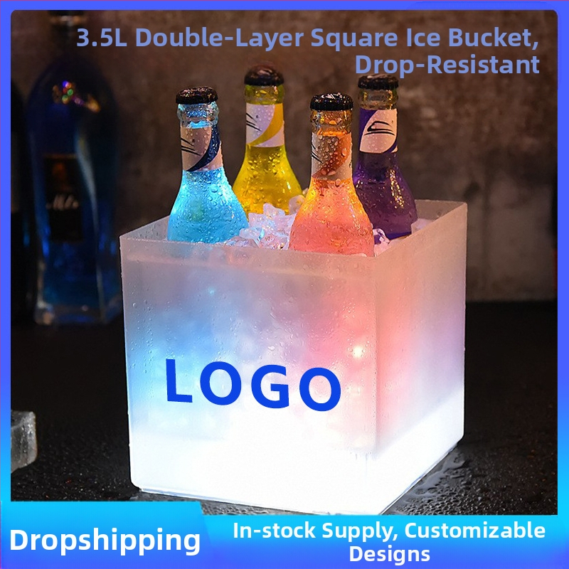 Квадратна двуслойна PP матирана пластмаса Светеща кофа за лед малка 3.5L батерия бира кофа за лед за шампанско