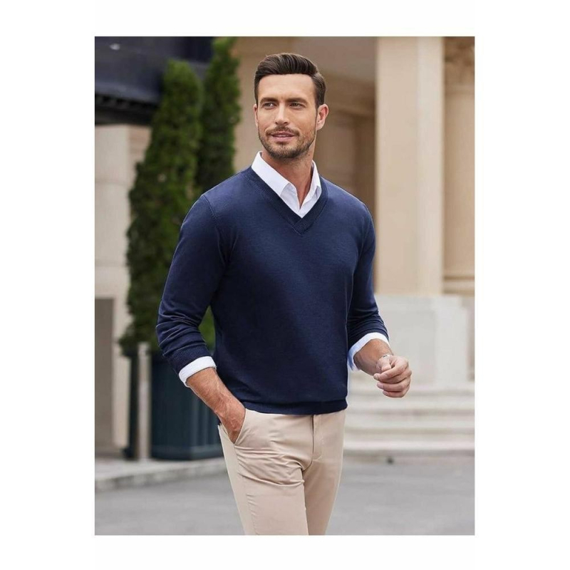 Nagykereskedelmi divatos kötött V-nyakú pulóver Nagykereskedelmi férfi őszi lezser plus size merinó pulóver