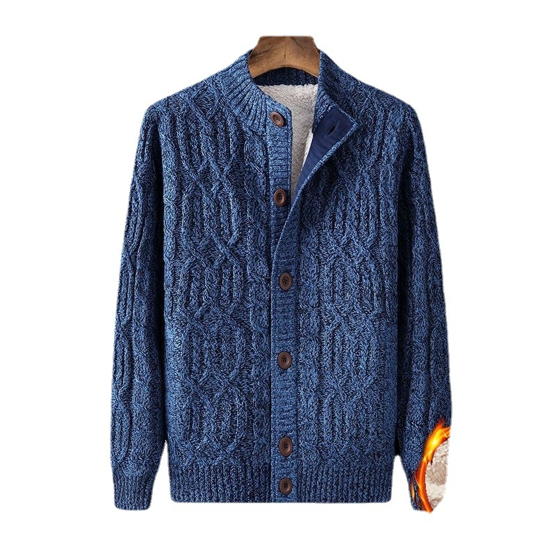 Χονδρικό χειμωνιάτικο ανδρικό πουλόβερ συν βελούδινο ζεστό πουλόβερ με επένδυση σε χαλαρό μέγεθος ρετρό ζακέτα με στρίψιμο, μονόχρωμο ανδρικό