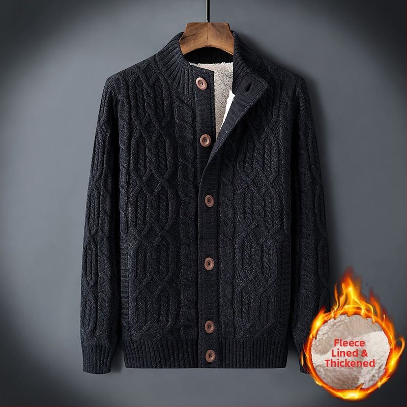 Χονδρικό χειμωνιάτικο ανδρικό πουλόβερ συν βελούδινο ζεστό πουλόβερ με επένδυση σε χαλαρό μέγεθος ρετρό ζακέτα με στρίψιμο, μονόχρωμο ανδρικό