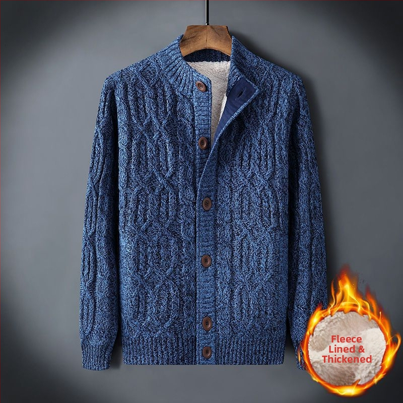 Χονδρικό χειμωνιάτικο ανδρικό πουλόβερ συν βελούδινο ζεστό πουλόβερ με επένδυση σε χαλαρό μέγεθος ρετρό ζακέτα με στρίψιμο, μονόχρωμο ανδρικό