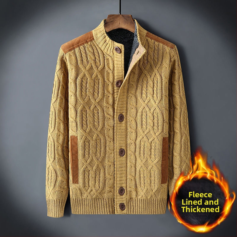 Χονδρικό χειμωνιάτικο ανδρικό πουλόβερ συν βελούδινο ζεστό πουλόβερ με επένδυση σε χαλαρό μέγεθος ρετρό ζακέτα με στρίψιμο, μονόχρωμο ανδρικό