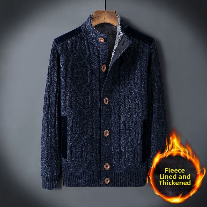 Χονδρικό χειμωνιάτικο ανδρικό πουλόβερ συν βελούδινο ζεστό πουλόβερ με επένδυση σε χαλαρό μέγεθος ρετρό ζακέτα με στρίψιμο, μονόχρωμο ανδρικό