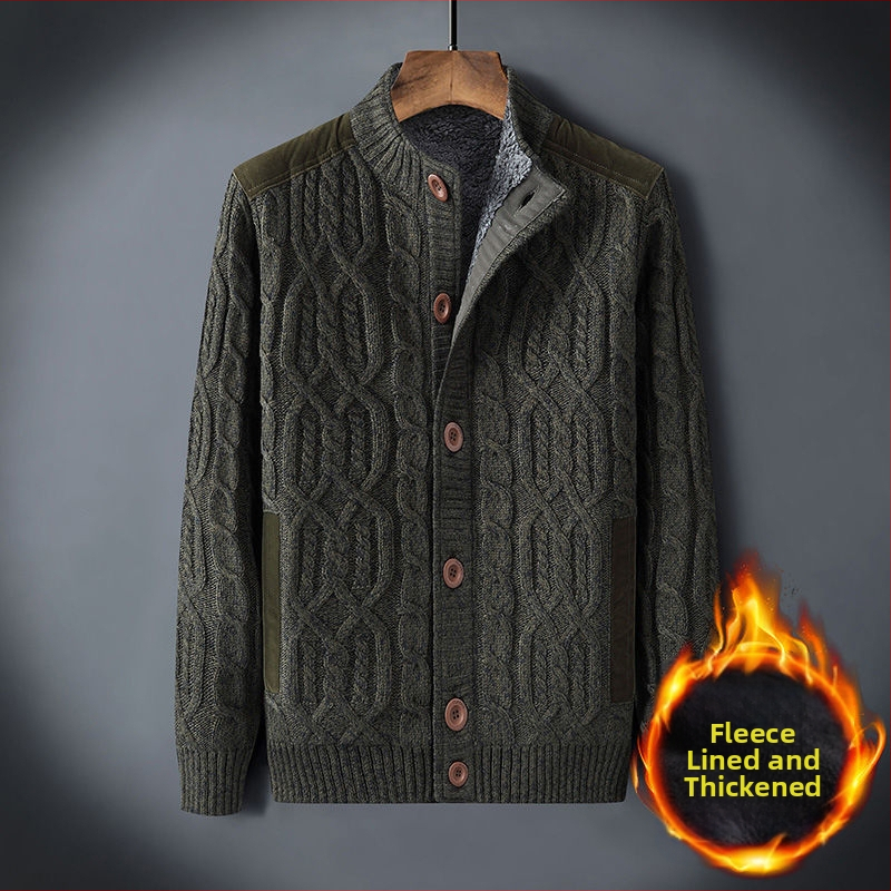 Χονδρικό χειμωνιάτικο ανδρικό πουλόβερ συν βελούδινο ζεστό πουλόβερ με επένδυση σε χαλαρό μέγεθος ρετρό ζακέτα με στρίψιμο, μονόχρωμο ανδρικό