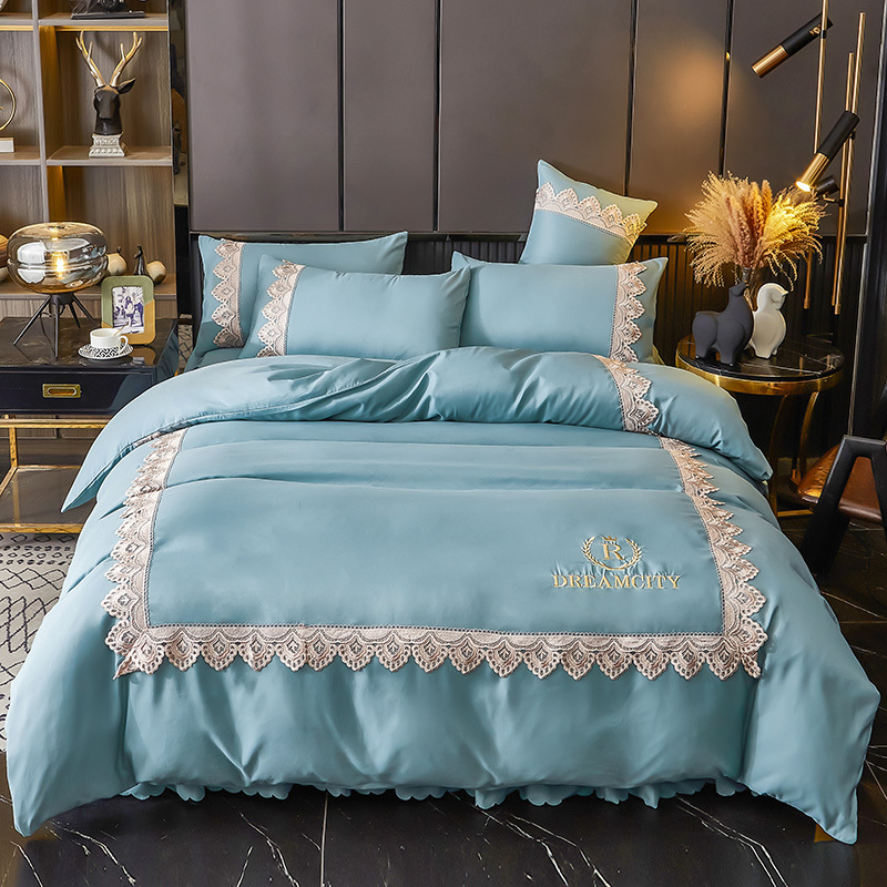 Europietiško stiliaus nėriniais siuvinėtas keturių dalių lovos sijonas, raudonas vienspalvis šlifavimo antklodės užvalkalas, vestuvinė patalynė, keturių dalių komplektas