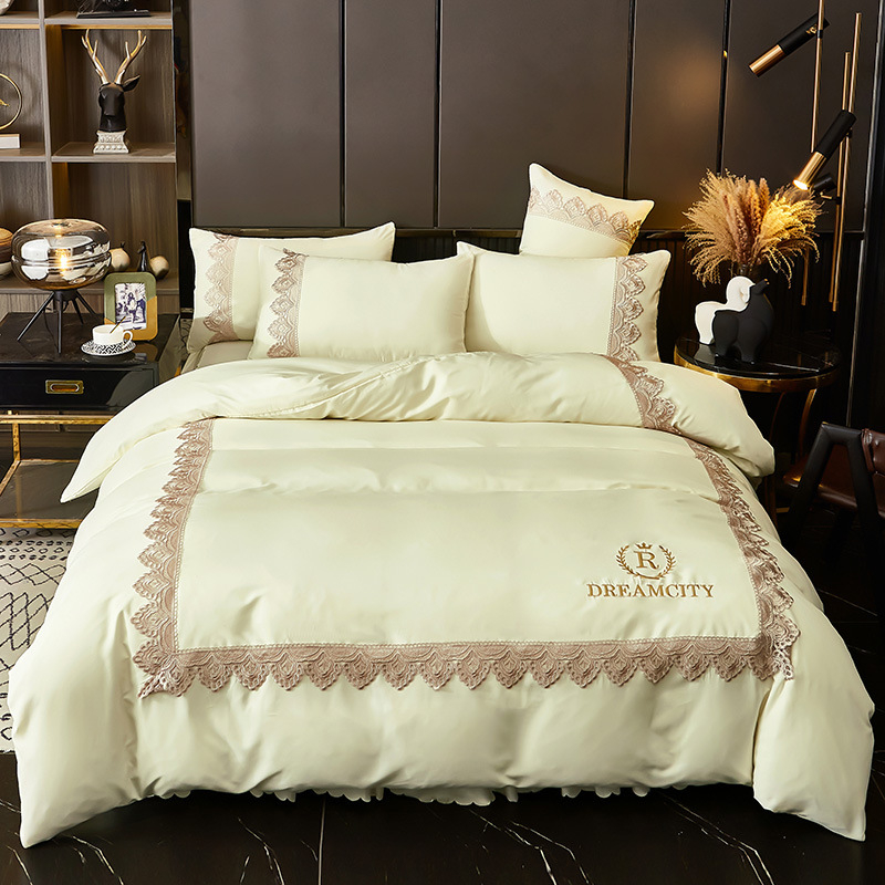 Europietiško stiliaus nėriniais siuvinėtas keturių dalių lovos sijonas, raudonas vienspalvis šlifavimo antklodės užvalkalas, vestuvinė patalynė, keturių dalių komplektas