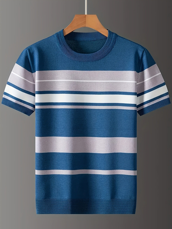 Ανδρικό T-shirt με κοντό μανίκι, μοντέρνο, ανδρικό φούτερ από καθαρό βαμβάκι με στρογγυλή λαιμόκοψη, για νέους και μεσήλικες, καλοκαιρινό T-shirt με ρίγες και κέντημα