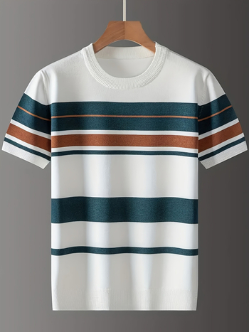 Ανδρικό T-shirt με κοντό μανίκι, μοντέρνο, ανδρικό φούτερ από καθαρό βαμβάκι με στρογγυλή λαιμόκοψη, για νέους και μεσήλικες, καλοκαιρινό T-shirt με ρίγες και κέντημα