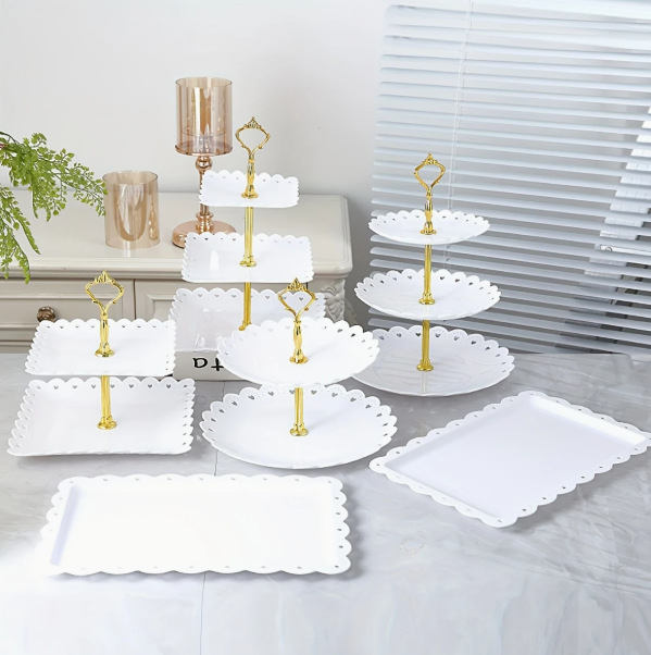 Europietiško stiliaus trijų sluoksnių vaisių lėkštė popietės arbatai užkandžių padėklas, desertų stalas, tortų stovas, tortų derinys