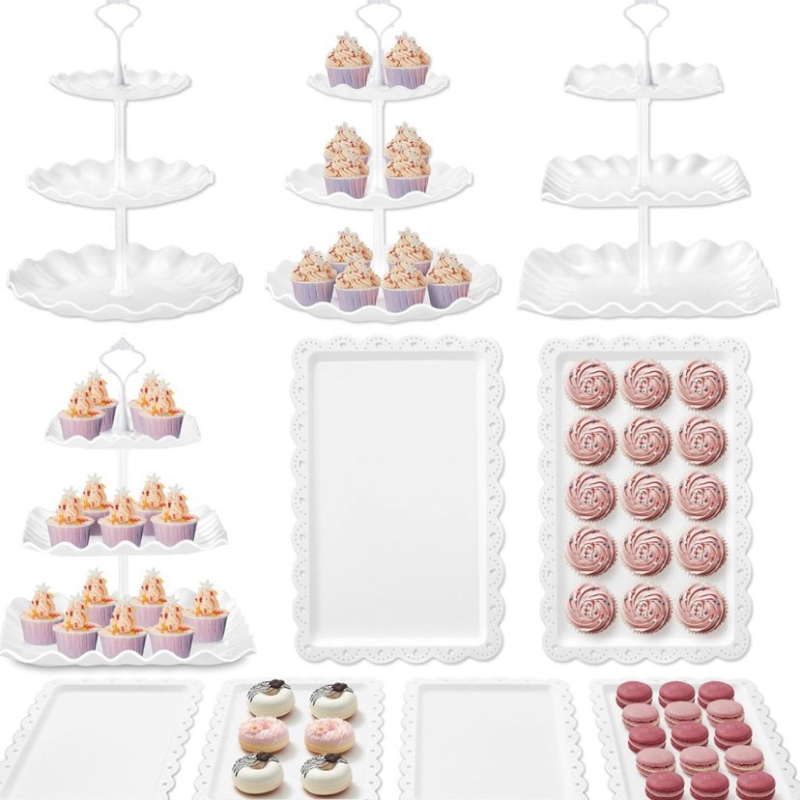 Europietiško stiliaus trijų sluoksnių vaisių lėkštė popietės arbatai užkandžių padėklas, desertų stalas, tortų stovas, tortų derinys