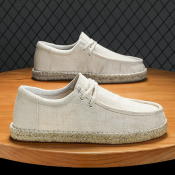 Vīriešu elpojoši, bez smirdīgām pēdām paredzēti salmu zvejnieka apavi, 2014. gada vasaras jaunā ierašanās, lina vīriešu ikdienas audekla apavi, vintage auduma apavi