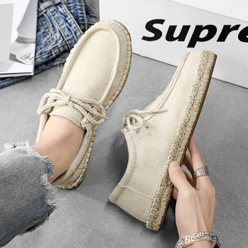 Vīriešu elpojoši, bez smirdīgām pēdām paredzēti salmu zvejnieka apavi, 2014. gada vasaras jaunā ierašanās, lina vīriešu ikdienas audekla apavi, vintage auduma apavi