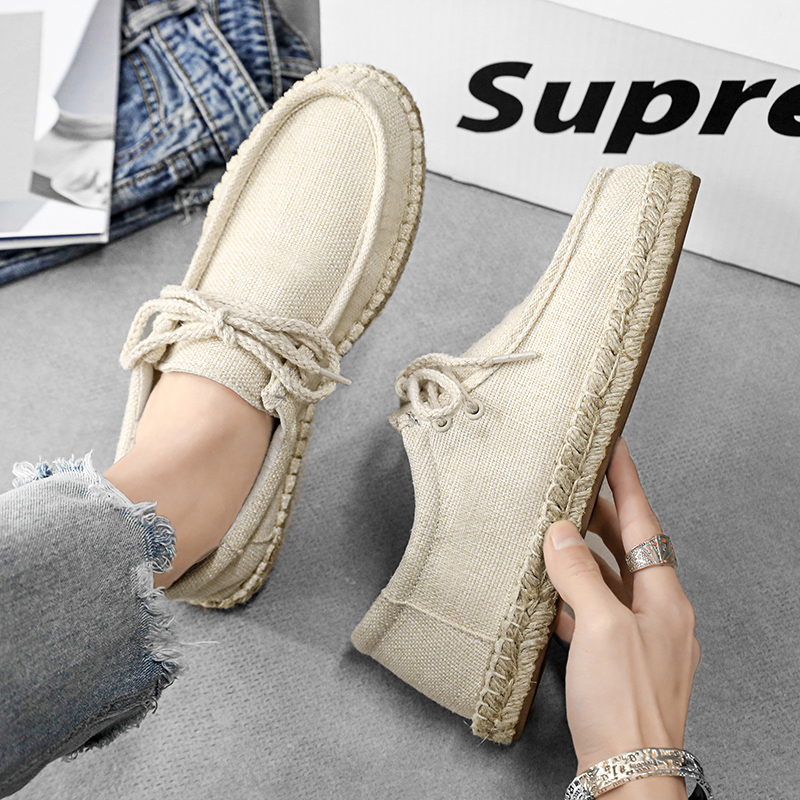 Vīriešu elpojoši, bez smirdīgām pēdām paredzēti salmu zvejnieka apavi, 2014. gada vasaras jaunā ierašanās, lina vīriešu ikdienas audekla apavi, vintage auduma apavi