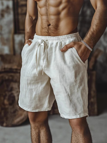 Uued puuvillast ja linasest nahast lühikesed püksid, pingutusnööriga, elastse vöökohaga, sirge säärega, ühevärvilised, hingavad, igapäevased, viiest kohast koosnevad rannapüksid meestele