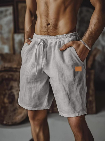 Νέα σορτς από βαμβάκι και λινό δέρμα με κορδόνι, ελαστική μέση, ίσια μπατζάκια, μονόχρωμο, αναπνεύσιμο, καθημερινό, παραλία, πέντε οπών, casual, μέσης, παντελόνι για άνδρες