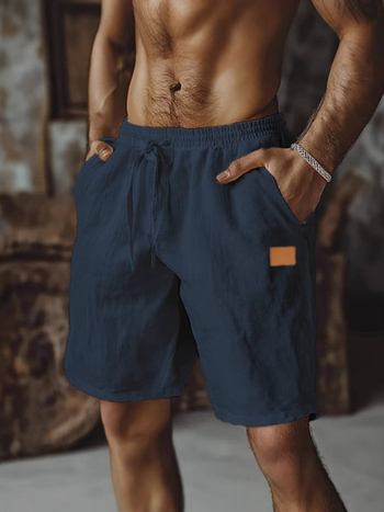 Νέα σορτς από βαμβάκι και λινό δέρμα με κορδόνι, ελαστική μέση, ίσια μπατζάκια, μονόχρωμο, αναπνεύσιμο, καθημερινό, παραλία, πέντε οπών, casual, μέσης, παντελόνι για άνδρες