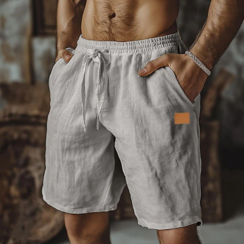 Uued puuvillast ja linasest nahast lühikesed püksid, pingutusnööriga, elastse vöökohaga, sirge säärega, ühevärvilised, hingavad, igapäevased, viiest kohast koosnevad rannapüksid meestele