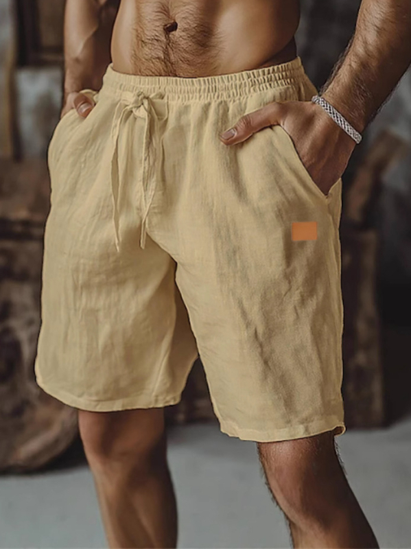 Uued puuvillast ja linasest nahast lühikesed püksid, pingutusnööriga, elastse vöökohaga, sirge säärega, ühevärvilised, hingavad, igapäevased, viiest kohast koosnevad rannapüksid meestele