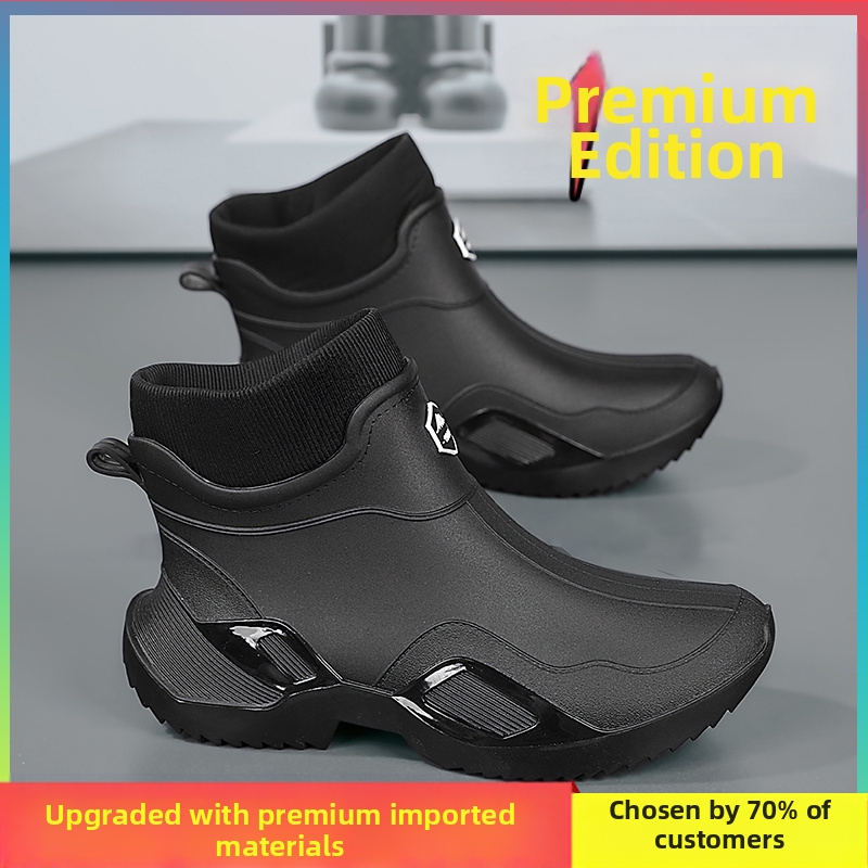 Meeste kevadsaapad köögitööriietusele vastupidavad veekingad Takeaway Rider mustad töökaitsega vihmasaapad