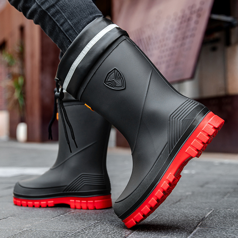 Korea stiilis kummisaapad, meeste poolsääreni ulatuvad veekingad, libisemiskindlad veekindlad kingad, kulumiskindlad kummisaapad, õues kasutamiseks mõeldud veesaapad, fliisvoodriga töökummikust kingad, piiriülesed