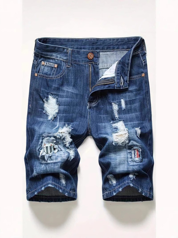 Мъжки дънкови шорти, летни скъсани еластични мъжки шорти със средна дължина, тънки европейски и американски шорти, тесни скъсани мъжки панталони, през границата