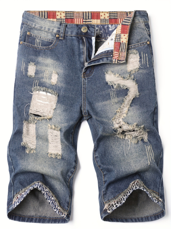 Meeste suvised rebitud venivast materjalist teksapüksid, meeste keskmise pikkusega õhukesed Euroopa ja Ameerika lühikesed püksid, kitsad rebitud meeste püksid, piiriülesed püksid