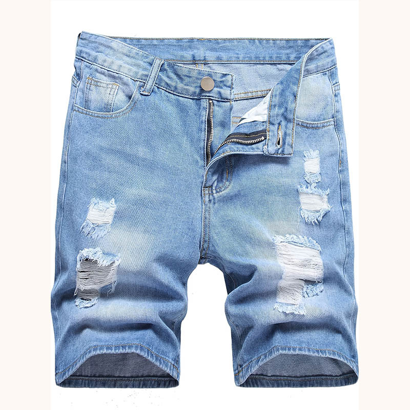 Meeste suvised rebitud venivast materjalist teksapüksid, meeste keskmise pikkusega õhukesed Euroopa ja Ameerika lühikesed püksid, kitsad rebitud meeste püksid, piiriülesed püksid