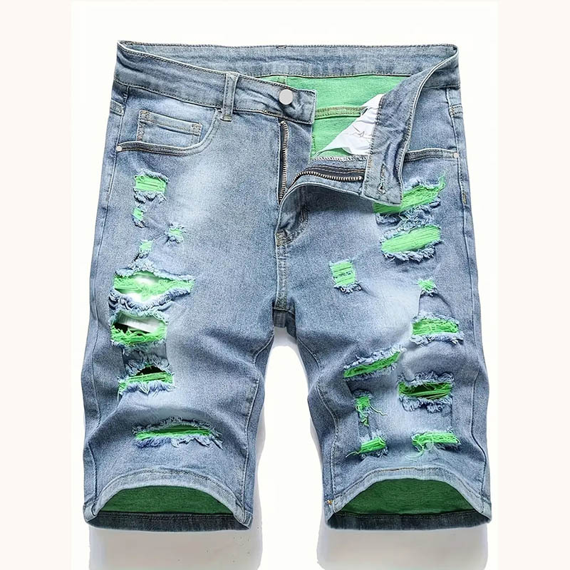 Meeste suvised rebitud venivast materjalist teksapüksid, meeste keskmise pikkusega õhukesed Euroopa ja Ameerika lühikesed püksid, kitsad rebitud meeste püksid, piiriülesed püksid