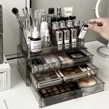 Kosmeetika hoiukarp, lauaarvuti sahtliga tualettlaud, huulepulgakarp, parfüümimask, akrüülist hoiuriiul