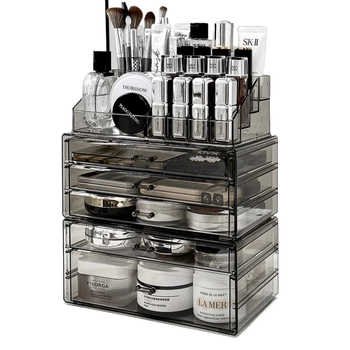 Kosmeetika hoiukarp, lauaarvuti sahtliga tualettlaud, huulepulgakarp, parfüümimask, akrüülist hoiuriiul