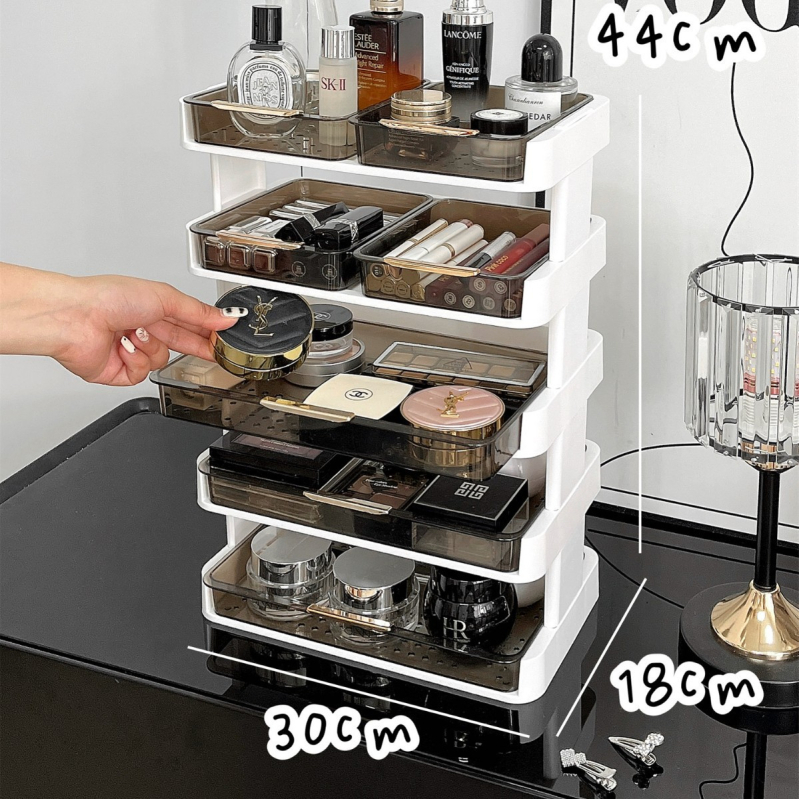 Kosmeetika hoiukarp, lauaarvuti sahtliga tualettlaud, huulepulgakarp, parfüümimask, akrüülist hoiuriiul