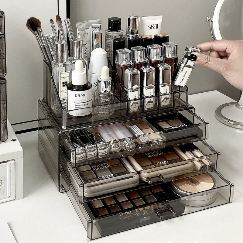 Kosmeetika hoiukarp, lauaarvuti sahtliga tualettlaud, huulepulgakarp, parfüümimask, akrüülist hoiuriiul