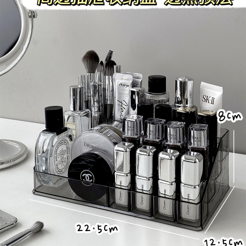 Kosmeetika hoiukarp, lauaarvuti sahtliga tualettlaud, huulepulgakarp, parfüümimask, akrüülist hoiuriiul